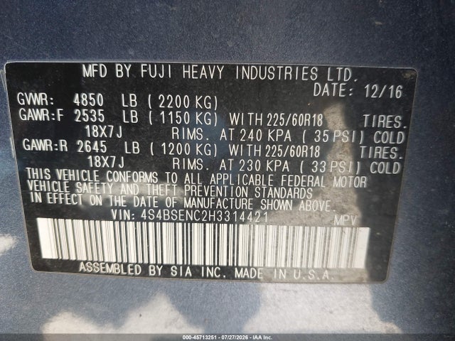 4S4BSENC2H3314421 Subaru Outback 3.6r Limited