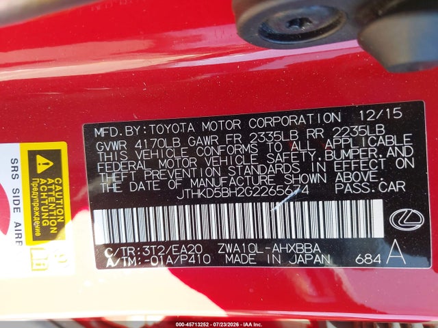 Продажа на аукционе авто 2016 Lexus Ct 200h, vin: JTHKD5BH2G2265674, номер лота: 45713252