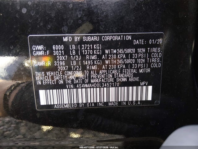 Продаж на аукціоні авто 2020 Subaru Ascent Premium, vin: 4S4WMAHD0L3452170, номер лоту: 45713269
