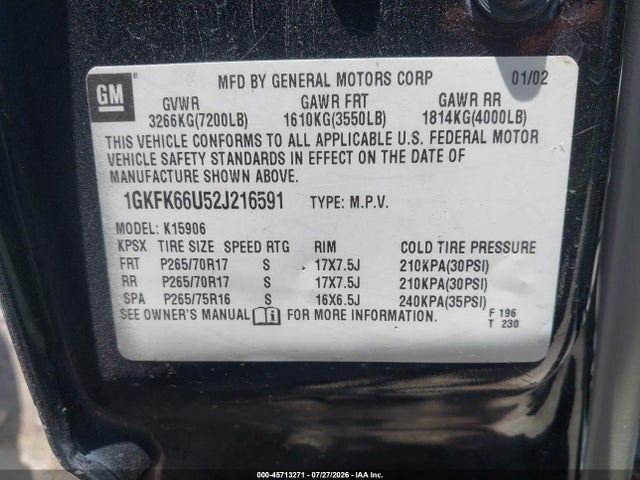2002 Gmc Yukon Xl 1500 Denali მანქანა იყიდება აუქციონზე, vin: 1GKFK66U52J216591, აუქციონის ნომერი: 45713271