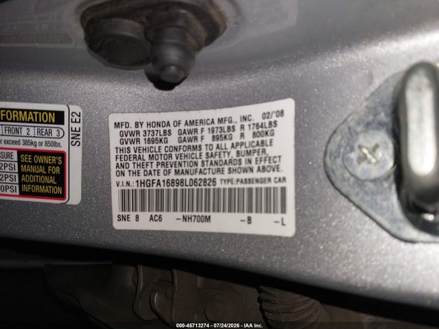 Продаж на аукціоні авто 2008 Honda Civic Ex, vin: 1HGFA16898L062826, номер лоту: 45713274