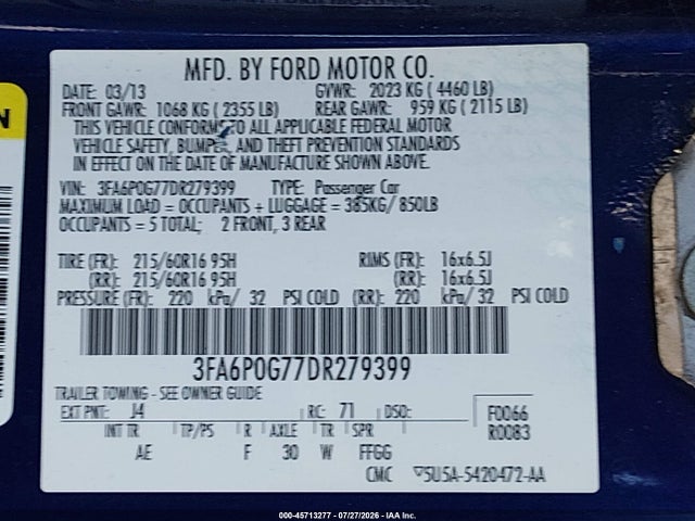 Продаж на аукціоні авто 2013 Ford Fusion S, vin: 3FA6P0G77DR279399, номер лоту: 45713277