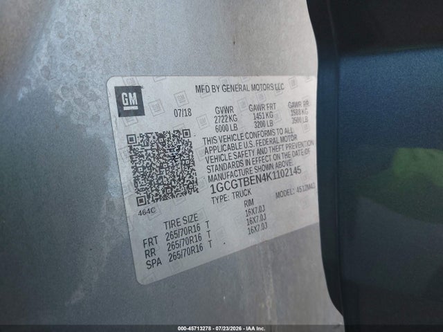 Продаж на аукціоні авто 2019 Chevrolet Colorado Wt, vin: 1GCGTBEN4K1102145, номер лоту: 45713278