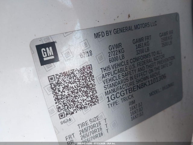 Продажа на аукционе авто 2019 Chevrolet Colorado Wt, vin: 1GCGTBEN8K1101306, номер лота: 45713280