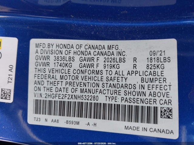 Honda Civic Lx 2022 2HGFE2F2XNH532280 Image 9