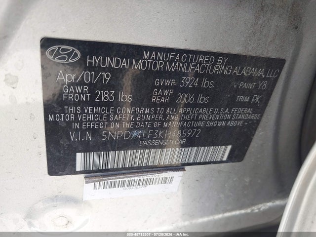 Продаж на аукціоні авто 2019 Hyundai Elantra Se, vin: 5NPD74LF3KH485972, номер лоту: 45713307