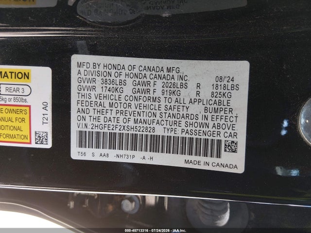 Honda Civic Lx 2025 2HGFE2F2XSH522828 Image 9