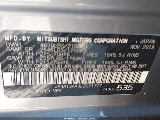 Aukcja sprzedaży 2020 Mitsubishi Eclipse Cross Es 1.5t Awc, vin: JA4AT3AA3LZ021777, numer aukcji: 45713322
