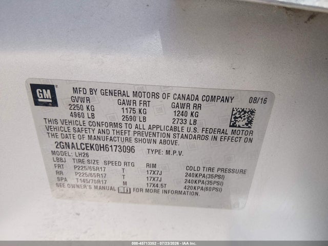 Aukcja sprzedaży 2017 Chevrolet Equinox Lt, vin: 2GNALCEK0H6173096, numer aukcji: 45713352