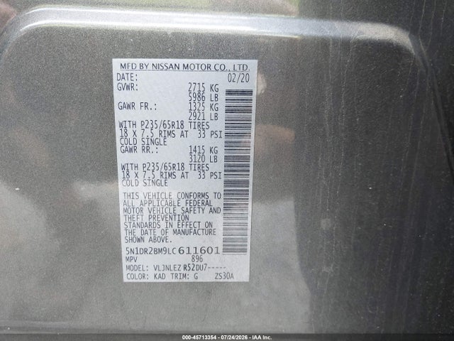 45713354 :رقم المزاد ، 5N1DR2BM9LC611601 vin ، 2020 Nissan Pathfinder Sv 4wd مزاد بيع