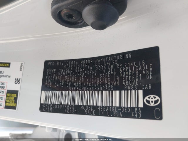 5YFB4MDE6SP303755 Toyota COROLLA LE