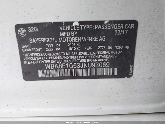 Aukcja sprzedaży 2018 Bmw 320i, vin: WBA8E1G53JNU93069, numer aukcji: 45713369
