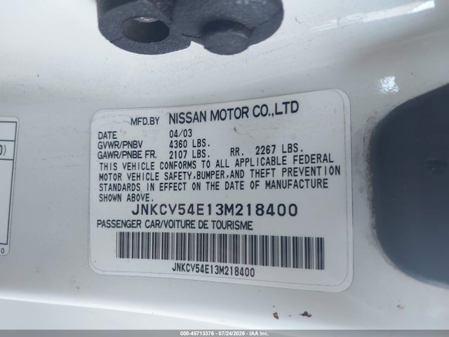 Aukcja sprzedaży 2003 Infiniti G35 Base W/leather, vin: JNKCV54E13M218400, numer aukcji: 45713376