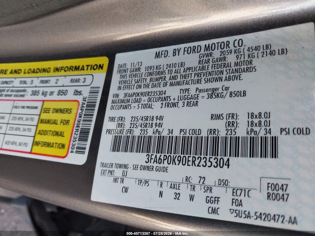 Продажа на аукционе авто 2014 Ford Fusion Titanium, vin: 3FA6P0K90ER235304, номер лота: 45713387