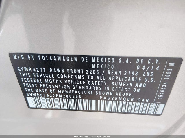 2014 Volkswagen Jetta 1.8t Se მანქანა იყიდება აუქციონზე, vin: 3VWD07AJ2EM286596, აუქციონის ნომერი: 45713398