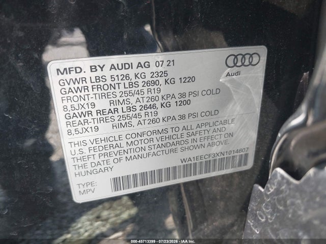 Продаж на аукціоні авто 2022 Audi Q3 Premium Plus 45 Tfsi S Line Quattro Tiptronic, vin: WA1EECF3XN1014607, номер лоту: 45713399