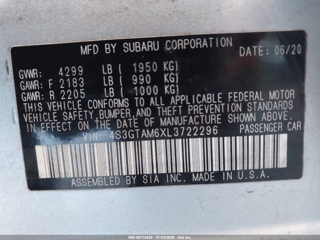 45713430 :رقم المزاد ، 4S3GTAM6XL3722296 vin ، 2020 Subaru Impreza Sport 5-door مزاد بيع
