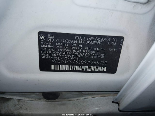 45713436 :رقم المزاد ، WBAPN73509A265229 vin ، 2009 Bmw 335d مزاد بيع