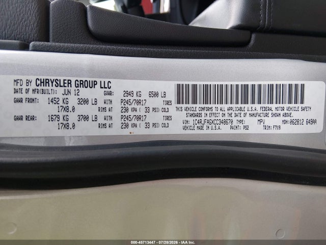 Продажа на аукционе авто 2012 Jeep Grand Cherokee Laredo, vin: 1C4RJFAGXCC348670, номер лота: 45713447