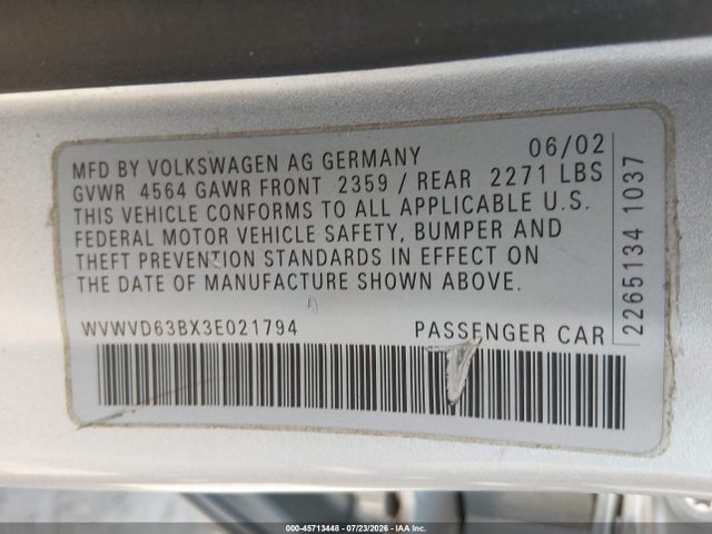 45713448 :رقم المزاد ، WVWVD63BX3E021794 vin ، 2003 Volkswagen Passat Gls مزاد بيع