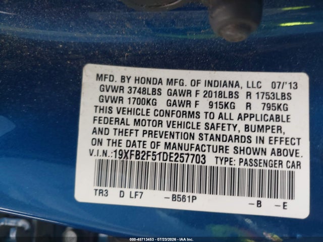 Продажа на аукционе авто 2013 Honda Civic Lx, vin: 19XFB2F51DE257703, номер лота: 45713453