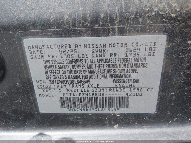 Aukcja sprzedaży 2025 Nissan Versa 1.6 S, vin: 3N1CN8DV9SL845649, numer aukcji: 45713474