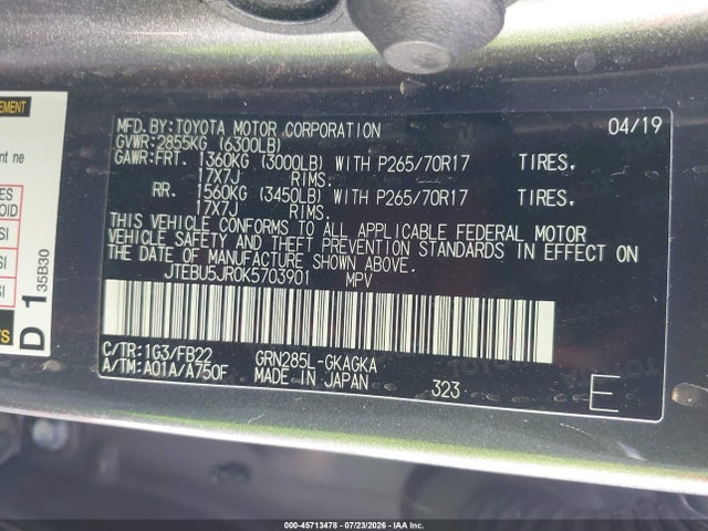 Toyota 4RUNNER SR5 2019 JTEBU5JR0K5703901 Image 9
