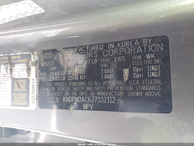 2018 Kia Sportage Lx მანქანა იყიდება აუქციონზე, vin: KNDPM3AC6J7332112, აუქციონის ნომერი: 45713480