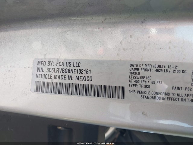 3C6LRVBG6NE102161 RAM Promaster 1500 High Roof 136 Wb