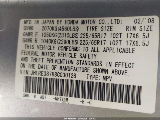 Продаж на аукціоні авто 2008 Honda Cr-v Ex-l, vin: JHLRE38788C030128, номер лоту: 45713489