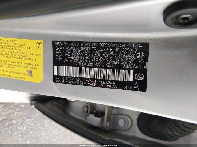 Aukcja sprzedaży 2005 Lexus Es 330, vin: JTHBA30G155087534, numer aukcji: 45713502