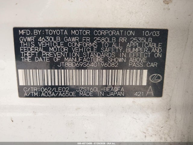 Продажа на аукционе авто 2004 Lexus Gs 300, vin: JT8BD69S640196082, номер лота: 45713499