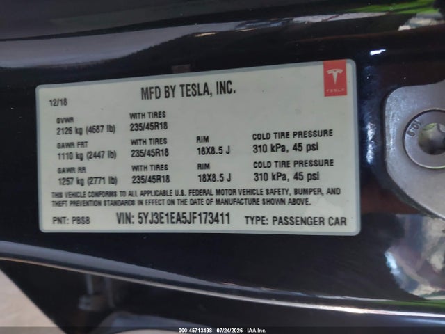 45713498 :رقم المزاد ، 5YJ3E1EA5JF173411 vin ، 2018 Tesla Model 3 Long Range/mid Range مزاد بيع