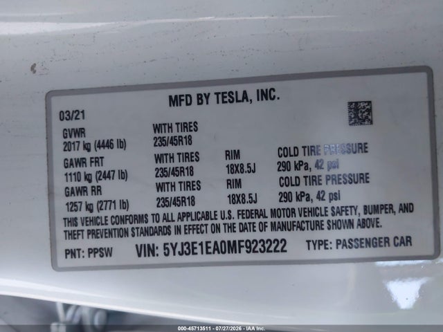 Продажа на аукционе авто 2021 Tesla Model 3 Standard Range Plus Rear-wheel Drive, vin: 5YJ3E1EA0MF923222, номер лота: 45713511