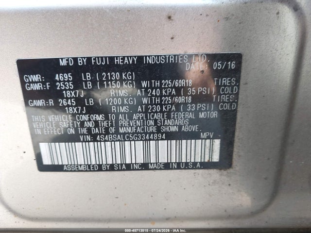 Subaru Outback 2.5i Limited 2016 4S4BSALC5G3344894 Image 9