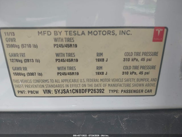 Продаж на аукціоні авто 2013 Tesla Model S, vin: 5YJSA1CN8DFP26392, номер лоту: 45713522