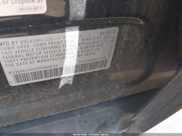 2007 Volkswagen Passat 2.0t მანქანა იყიდება აუქციონზე, vin: WVWAK93C67P060634, აუქციონის ნომერი: 45713548