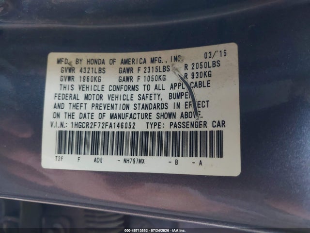 Honda ACCORD EX 2015 1HGCR2F72FA146052 Image 9