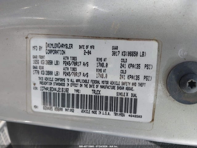 45713565 :رقم المزاد ، 1D7HA18DX4J216182 vin ، 2004 Dodge Ram 1500 Slt/laramie مزاد بيع