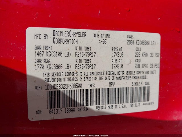Aukcja sprzedaży 2005 Dodge Durango Limited, vin: 1D8HD58D25F598500, numer aukcji: 45713567