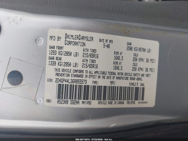 Aukcja sprzedaży 2006 Dodge Grand Caravan Sxt, vin: 2D4GP44L36R855573, numer aukcji: 45713574