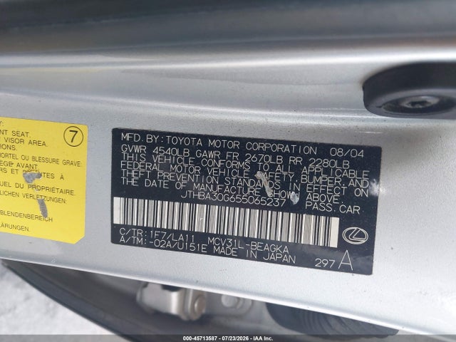 Продаж на аукціоні авто 2005 Lexus Es 330, vin: JTHBA30G655065237, номер лоту: 45713587