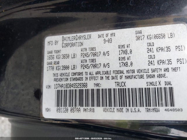 Aukcja sprzedaży 2004 Dodge Ram 1500 Slt/laramie, vin: 1D7HA18D84S529368, numer aukcji: 45713596