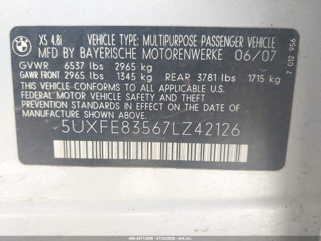 Продаж на аукціоні авто 2007 Bmw X5 4.8i, vin: 5UXFE83567LZ42126, номер лоту: 45713598