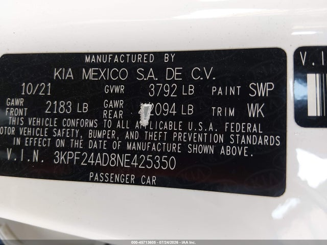 KIA Forte Lxs 2022 3KPF24AD8NE425350 Image 9
