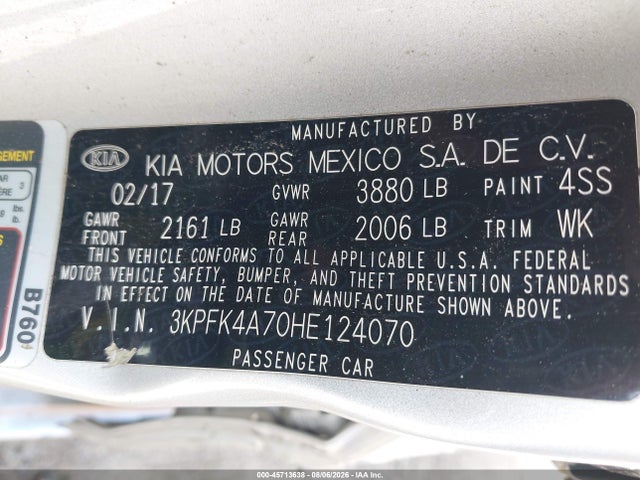 2017 Kia Forte Lx მანქანა იყიდება აუქციონზე, vin: 3KPFK4A70HE124070, აუქციონის ნომერი: 45713638