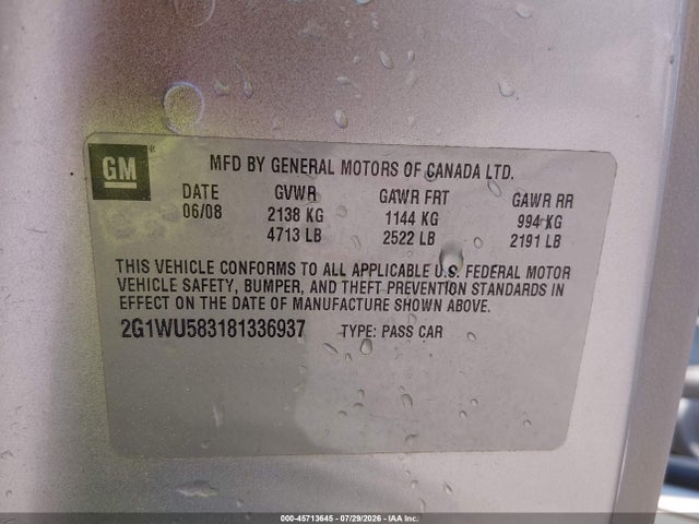 2008 Chevrolet Impala Ltz მანქანა იყიდება აუქციონზე, vin: 2G1WU583181336937, აუქციონის ნომერი: 45713645