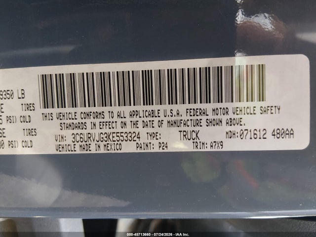 Продажа на аукционе авто 2019 Ram Promaster 3500 Cargo Van High Roof 159 Wb Ext, vin: 3C6URVJG3KE553324, номер лота: 45713660