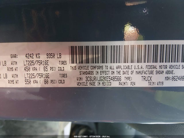 Продаж на аукціоні авто 2019 Ram Promaster 3500 Cargo Van High Roof 159 Wb Ext, vin: 3C6URVJG2KE548566, номер лоту: 45713661