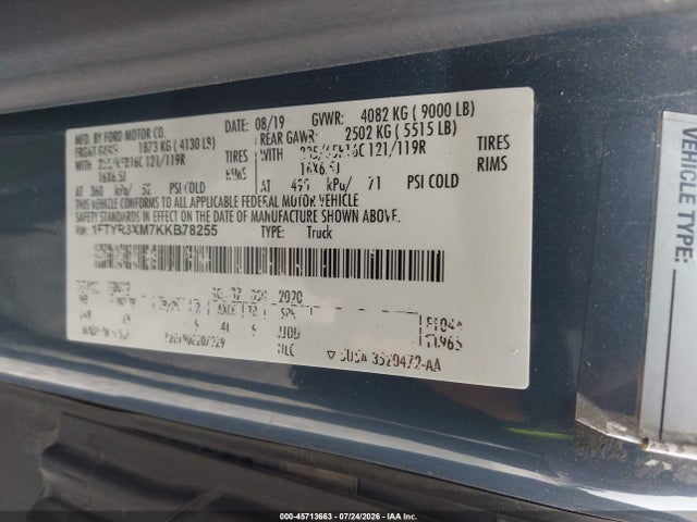 2019 Ford Transit-250 მანქანა იყიდება აუქციონზე, vin: 1FTYR3XM7KKB78255, აუქციონის ნომერი: 45713663